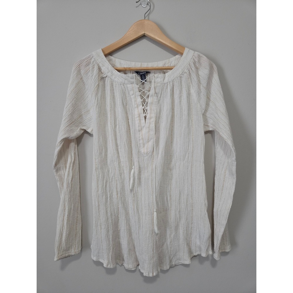 Chaps Womens Ivory Gold Metallic Stripe Lace Up Peasant Blouse Top Medium